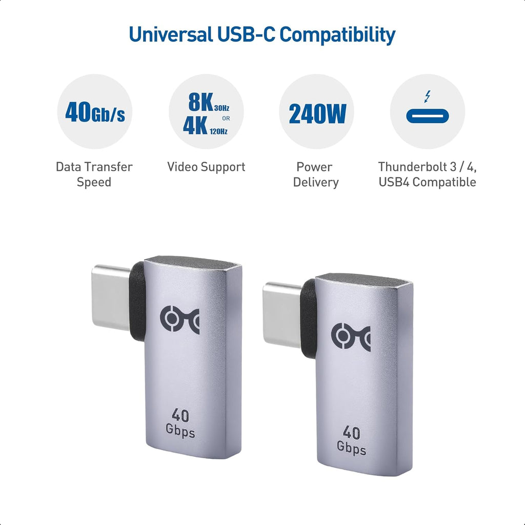 Cable Matters 2-Pack 40Gbps Flat Right Angle USB C Adapter, Up to [4K@240Hz Video, 240W Charging, 40Gbps Data Transfer] 90 Degree USB C Adapter, Compatible with Thunderbolt 4, iPhone 16, Steam Deck