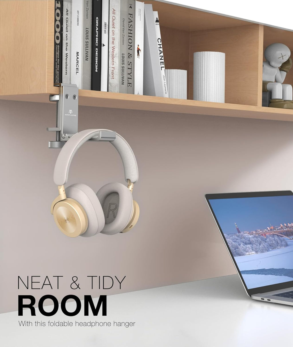 حامل سماعات رأس قابل للطي من APPHOME، حامل مكبر صوت من الألومنيوم موفر للمساحة مع ملاءمة عالمية لملحقات الكمبيوتر للألعاب، حامل خطاف أسفل المكتب (قطعة واحدة) 