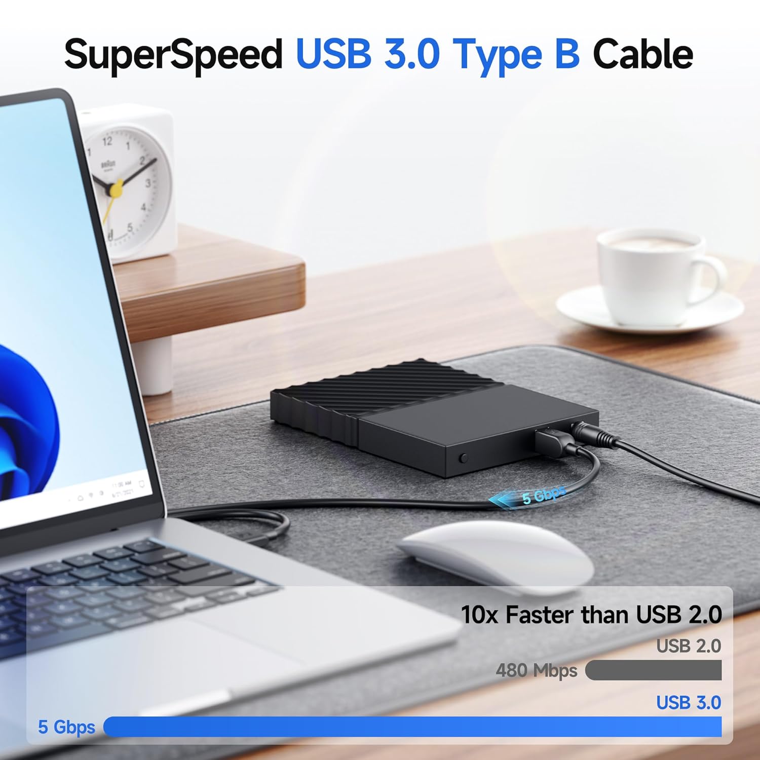 كابلات USB 3.0 من Cable Matters، عبوة من قطعتين، بسرعة 5 جيجابت في الثانية - بطول 6 أقدام، كابل USB A إلى B، سلك USB3 مع موصل Type-B 3.0 لغلاف محرك الأقراص الصلبة، موزع مدمج، والمزيد 