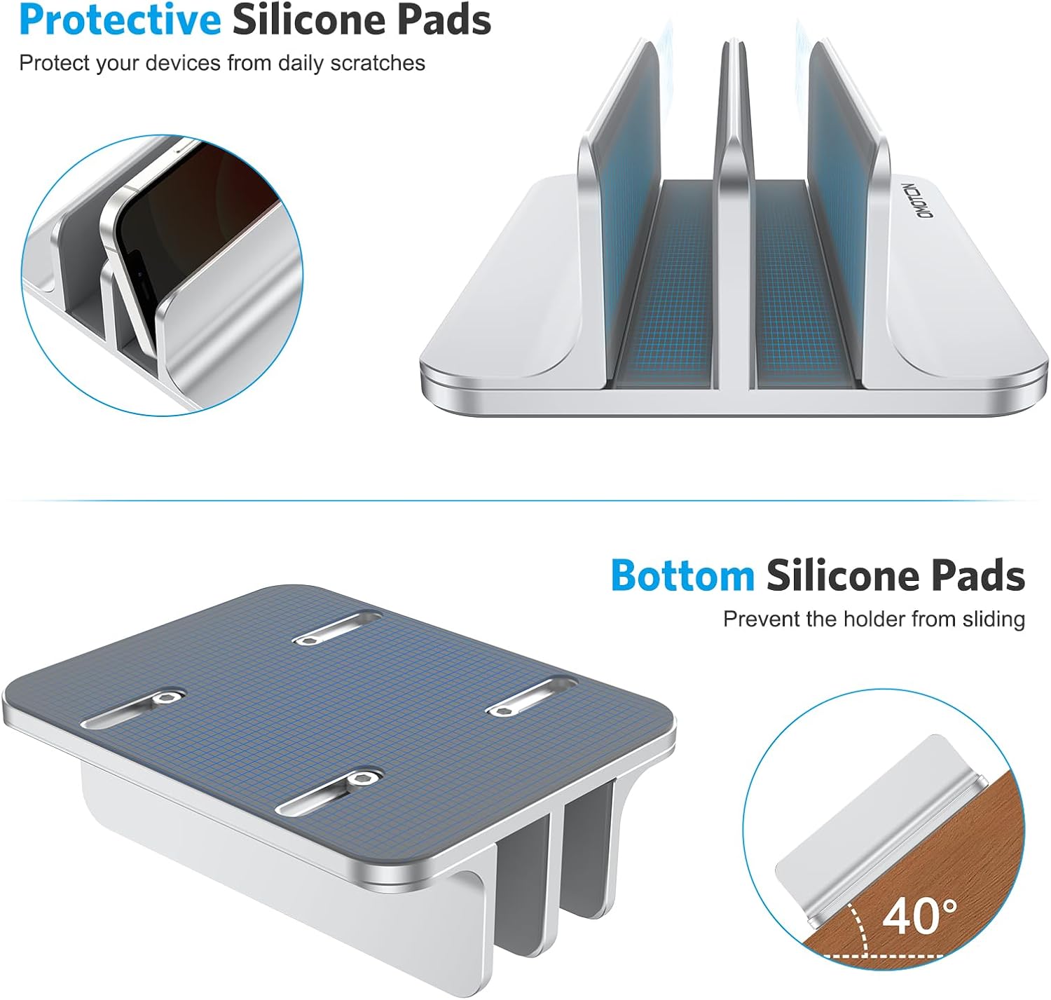 حامل كمبيوتر محمول عمودي من OMOTON [إصدار Dock المحدث]، حامل سطح مكتب مزدوج مع قاعدة قابلة للتعديل (حتى 17.3 بوصة)، يناسب جميع أجهزة MacBok/Surface/Samsung/HP/Dell/Chrome Book (فضي) 