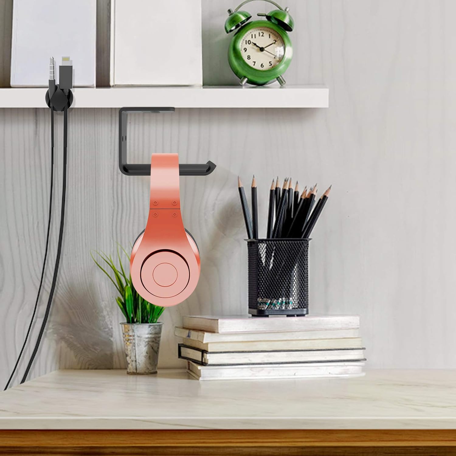 APPHOME Headphone Hanger Under Desk Hook Holder Wall Mount, Dual PC Gaming Headset Stand with Cable Clips Organizer Under Table Design, Universal Fit All Headphones (2 Pieces Pack)