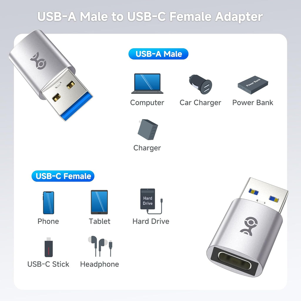 Cable Matters 2-Pack 10Gbps USB to USB C Adapter for Fast Charging & High-Speed Data Transfer, Reversible USBC Port, USBA Male to USBC Female Adapter for iPhone 16/15, iPad Pro, Galaxy S23 (2 Pieces Pack)