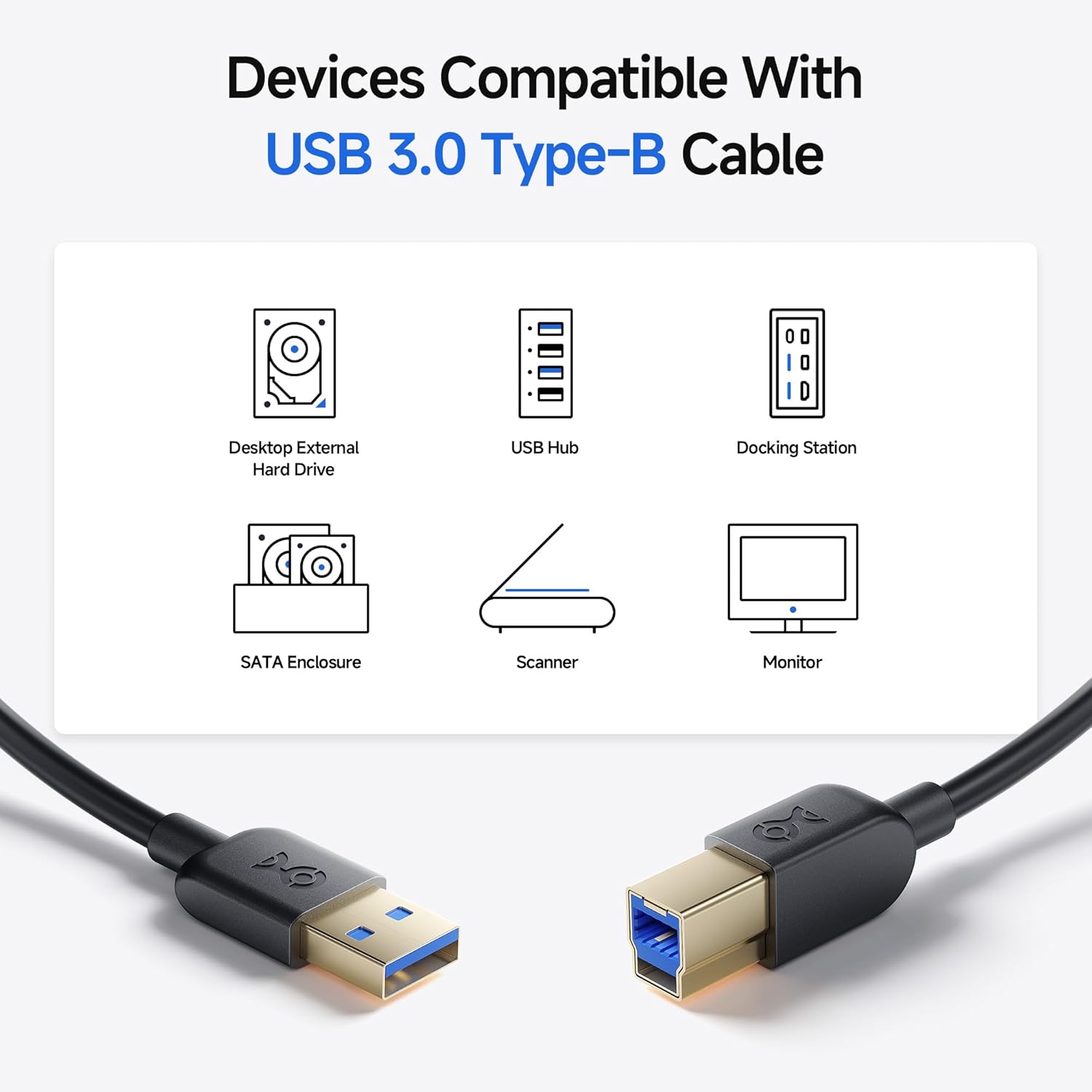 كابلات USB 3.0 من Cable Matters، عبوة من قطعتين، بسرعة 5 جيجابت في الثانية - بطول 6 أقدام، كابل USB A إلى B، سلك USB3 مع موصل Type-B 3.0 لغلاف محرك الأقراص الصلبة، موزع مدمج، والمزيد 