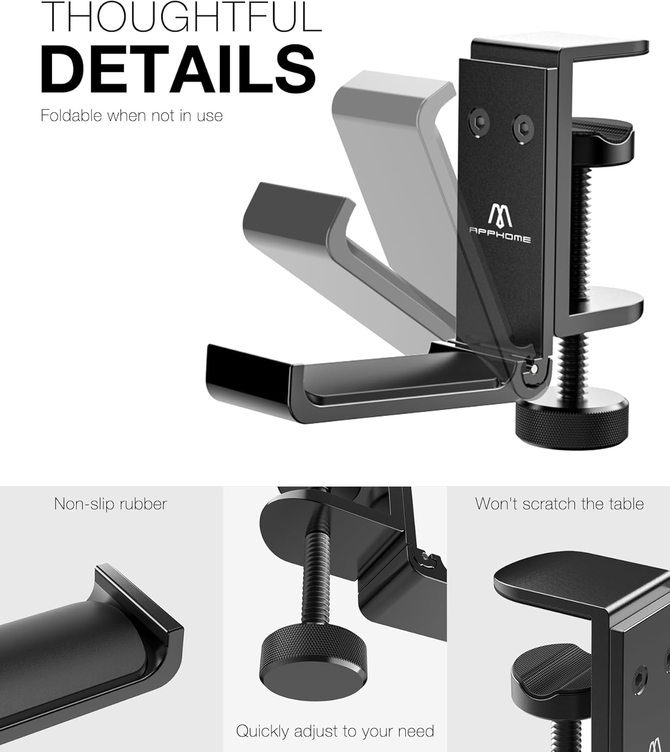 APPHOME Foldable Headphone Stand Hanger Holder, Space-Saving Aluminum Soundbar Stand with Universal Fit for Gaming PC Accessories, Under Desk Clamp Hook Mount (2 Pieces Pack)