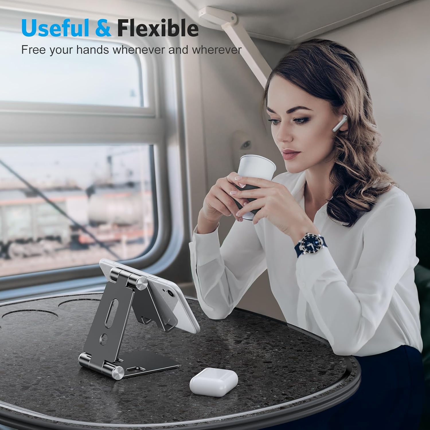 حامل هاتف محمول قابل للطي من OMOTON، حامل هاتف محمول C4 من الألومنيوم، قاعدة تثبيت هاتف قابلة للتعديل متوافقة مع iPhone 13/12/11 Pro Max وSamsung Galaxy والأجهزة اللوحية الصغيرة والهواتف الأخرى، أسود 