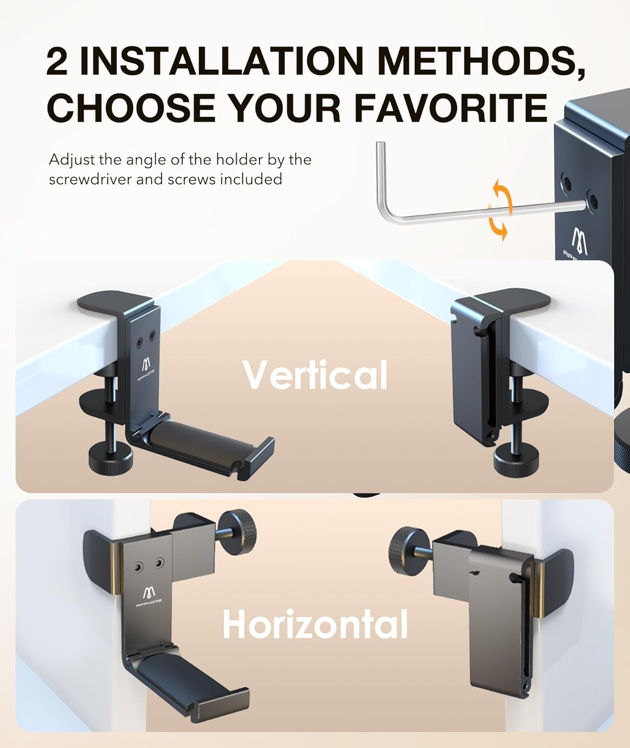 APPHOME Headphone Hook Desk, Headphones Stand Under Table Foldable Headset Holder Clamp Hanger Mount, Built in Cable Clip Organizer for PC Gaming, Office, Backpack Bag Purse Hanging