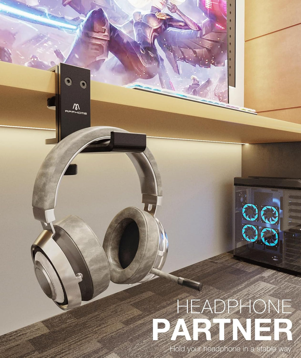 APPHOME Foldable Headphone Stand Hanger Holder, Space-Saving Aluminum Soundbar Stand with Universal Fit for Gaming PC Accessories, Under Desk Clamp Hook Mount (2 Pieces Pack)