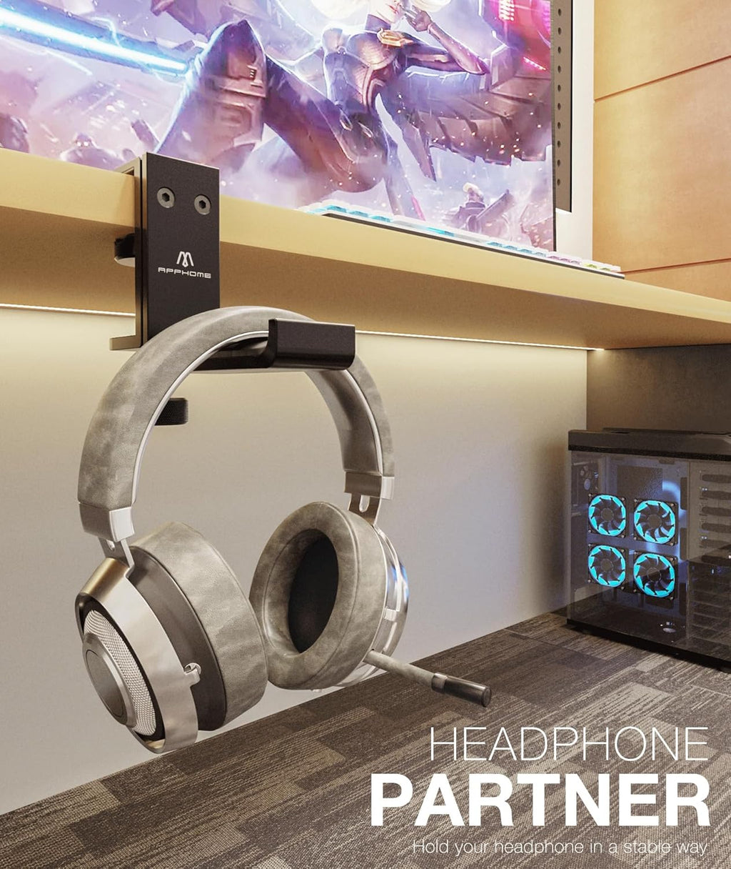 APPHOME New Foldable Headphone Stand Hanger Holder Aluminum Headset Soundbar Stand Clamp Hook Under Desk Space Save Mount, Universal Fit Gaming Headphones, Black