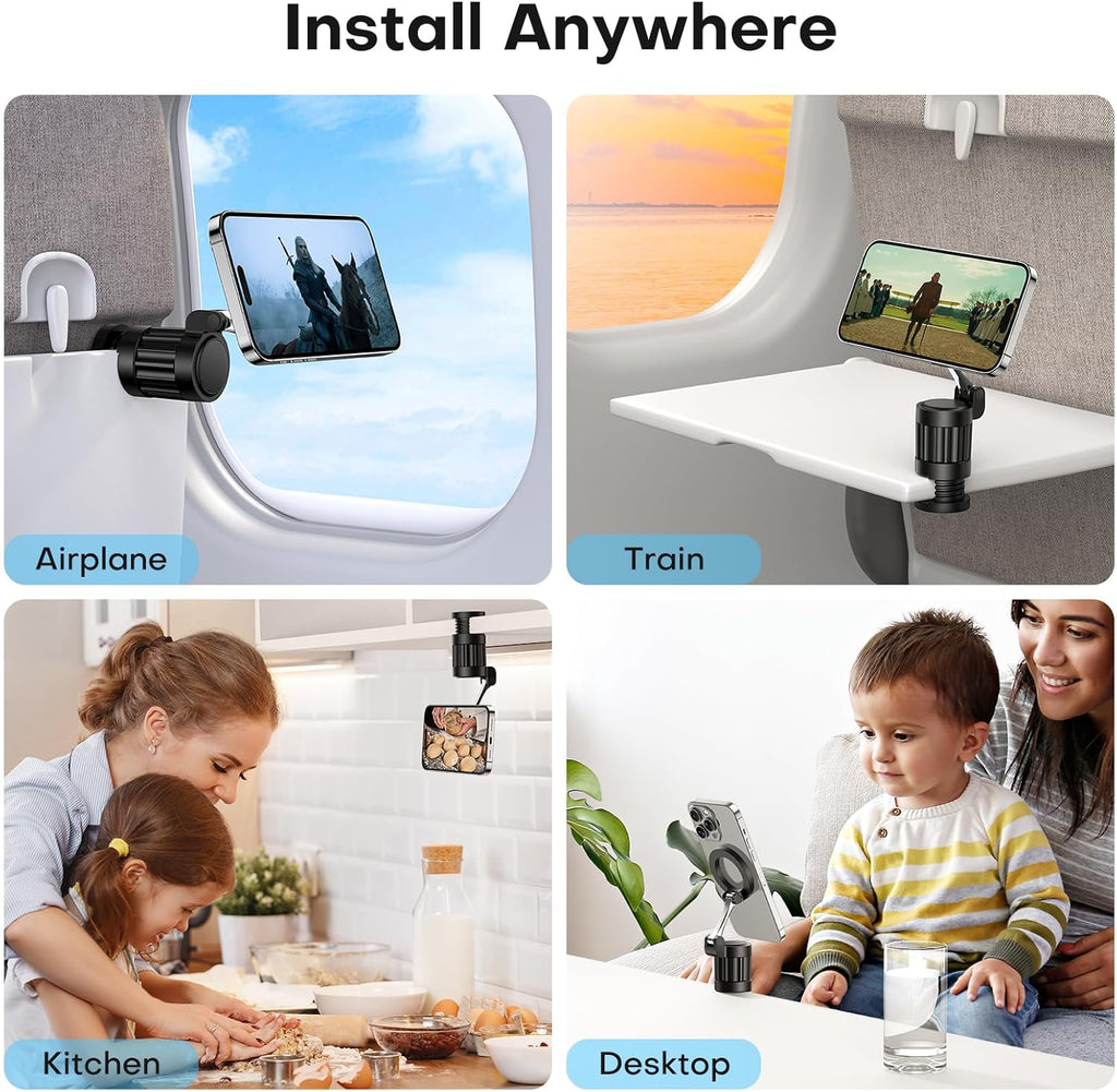 حامل هاتف مغناطيسي دوار 360 درجة من OMOTON، لملحقات السفر الأساسية للطائرات Magsafe، حامل هاتف عالمي قابل للتعديل وقابل للطي بدون استخدام اليدين لهاتف iPhone 16 15 14 Pro Max (عبوة من قطعتين) 
